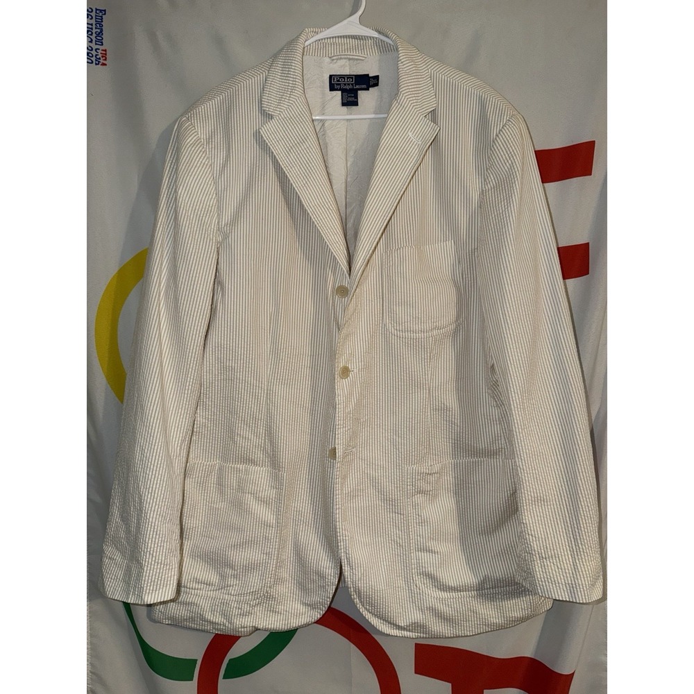 Vintage Polo Ralph Lauren Seersucker Blazer Sport Coat XL Tan Striped